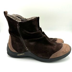 MERRELL Freisa J56318 Brown Suede Leather Slouch Side Zip Ankle Boot Size 7